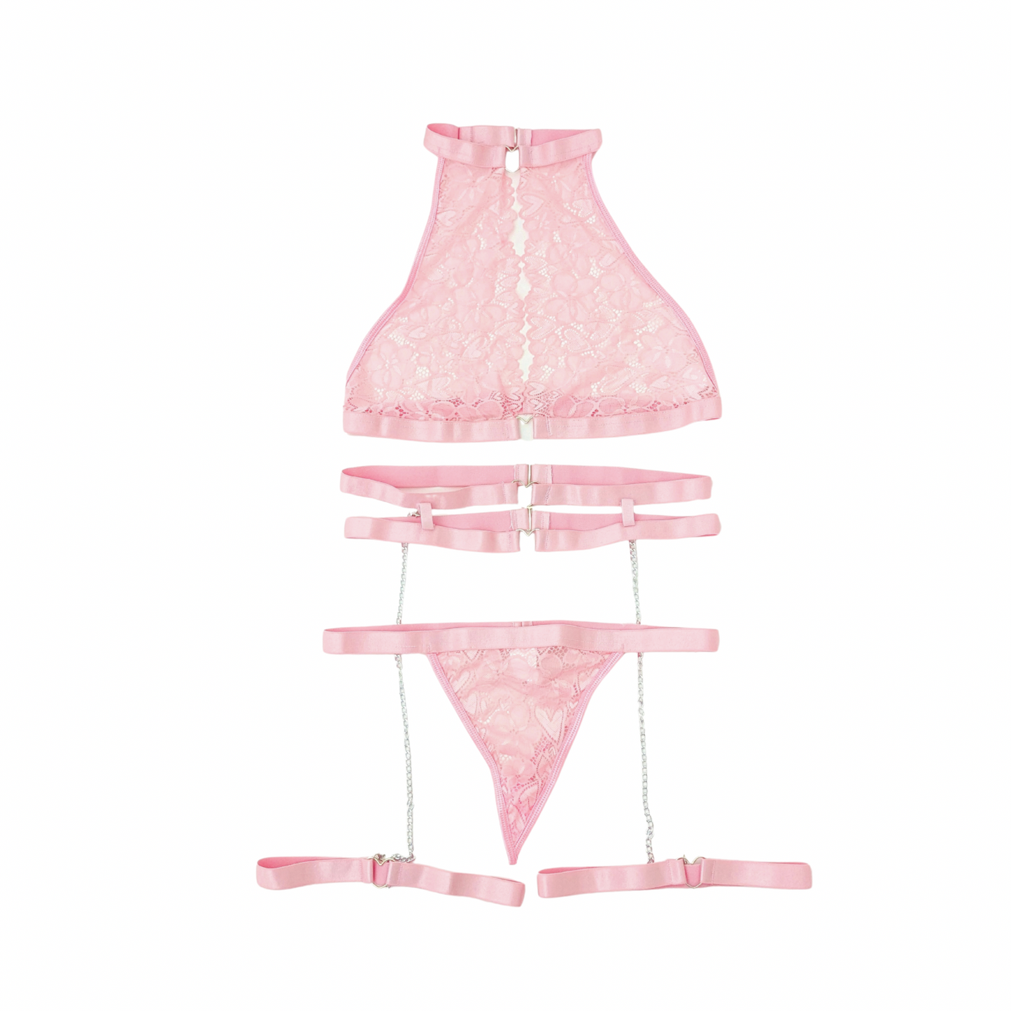 Stylish Pink Lace Three-Piece Lingerie Set