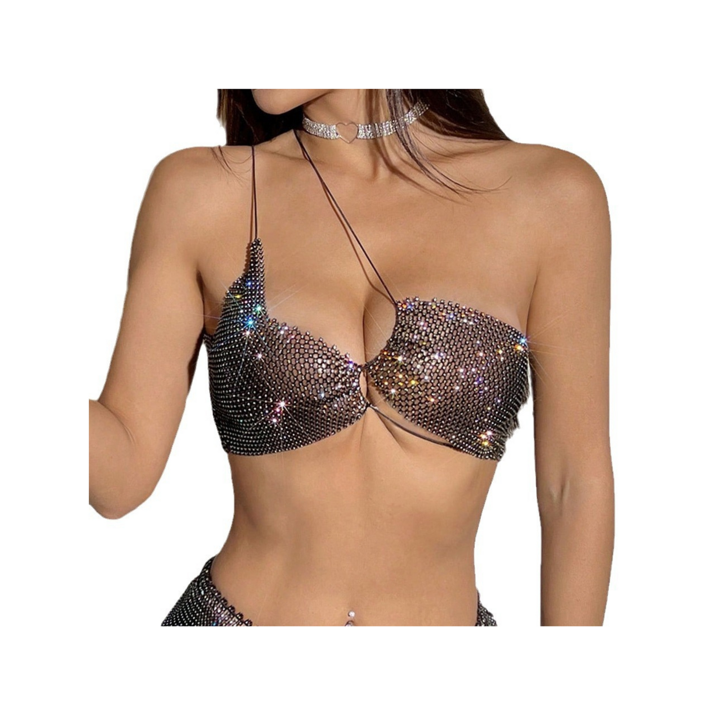 TIPSY-G Fishnet Rhinestone Strappy Sexy Crop Top