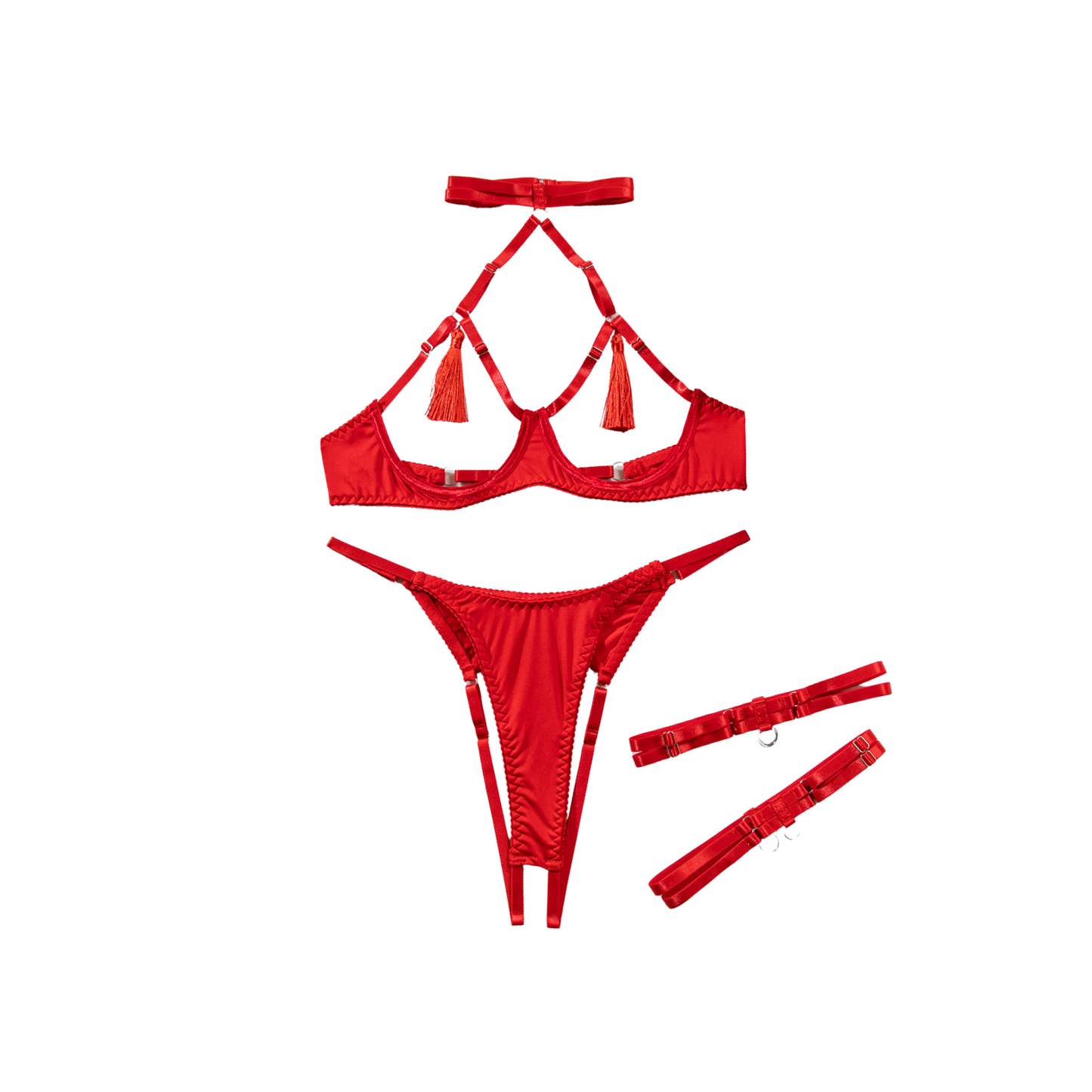 TIPSY-G Red Sexy Hollowed Out Breast Revealing Tassels Lingerie Set