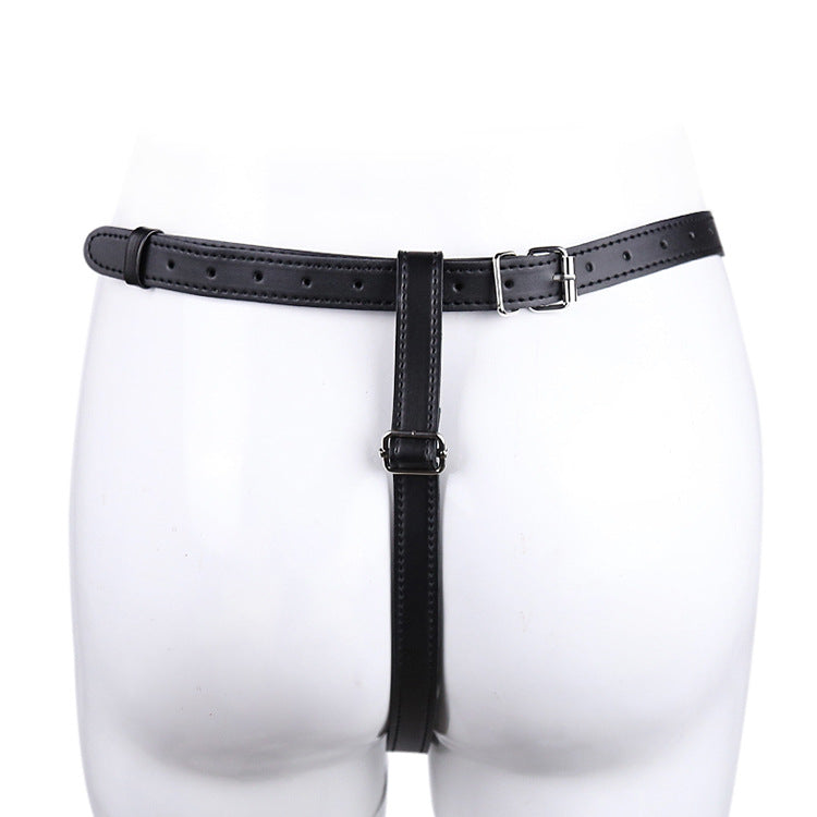 Sexy Leather T-Back Underwear with Silver Chain