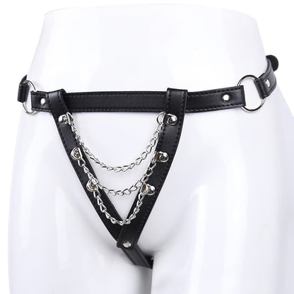 Sexy Leather T-Back Underwear with Silver Chain